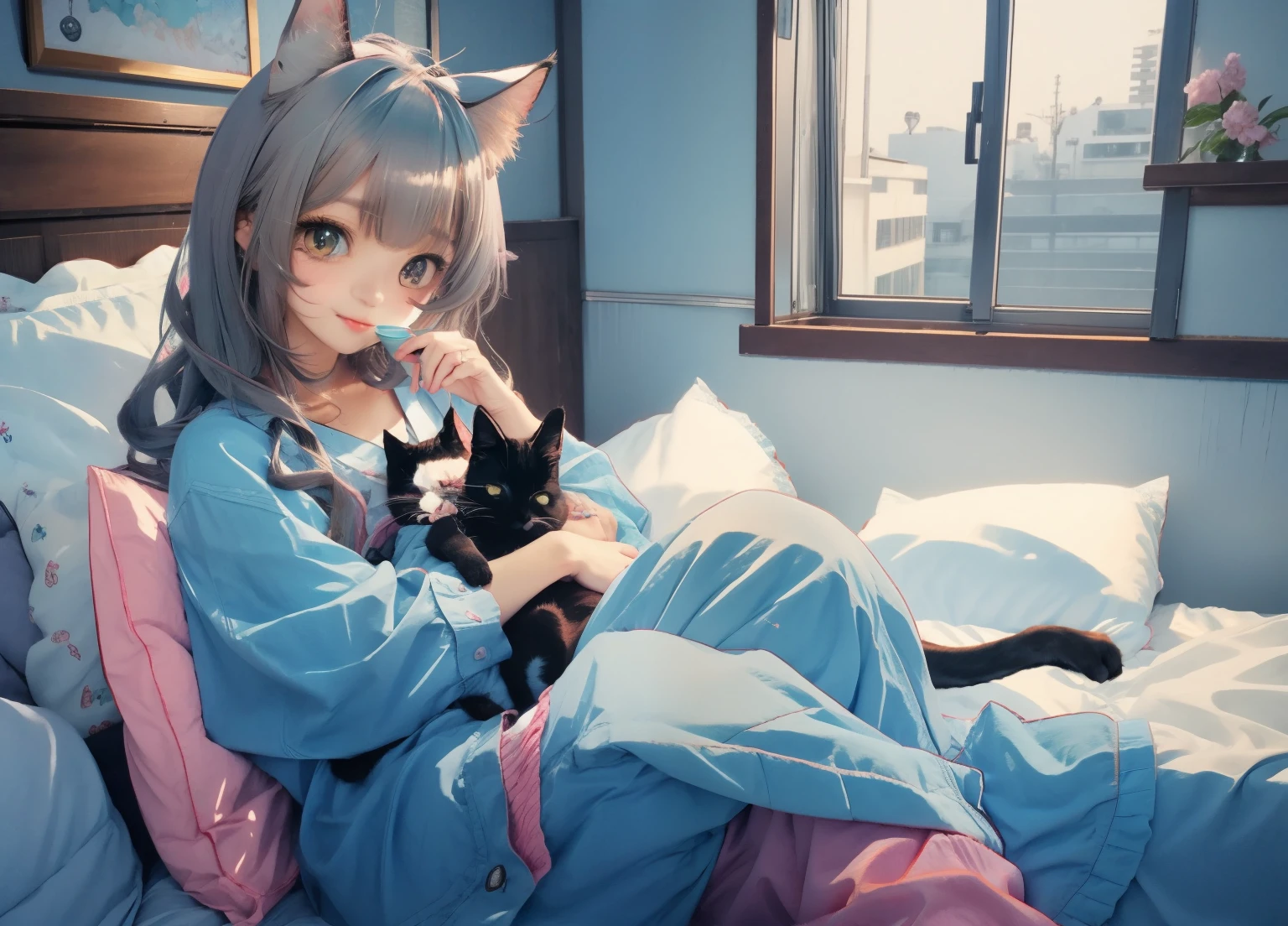 woman in pajamas holding a cat and drinking coffee on a bed, lont gray teal hair, brown ayes, attractive cat girl, very beautiful cute catgirl, anime catgirl, anime cat, anime girl in real life, very beautiful anime cat girl, beautiful anime catgirl, neko, cute anime catgirl, anime girl with cat ears, catgirl, beautiful young catgirl, nekomimi, loli