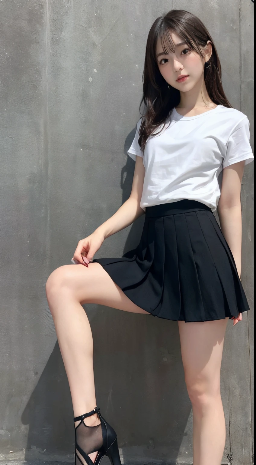 Top quality, one beautiful woman, wearing tennis uniform, socks, shoes, 35mm lens, f/1, standing, Full body shot, (white background: 1.2), flat chest, at Tennis court