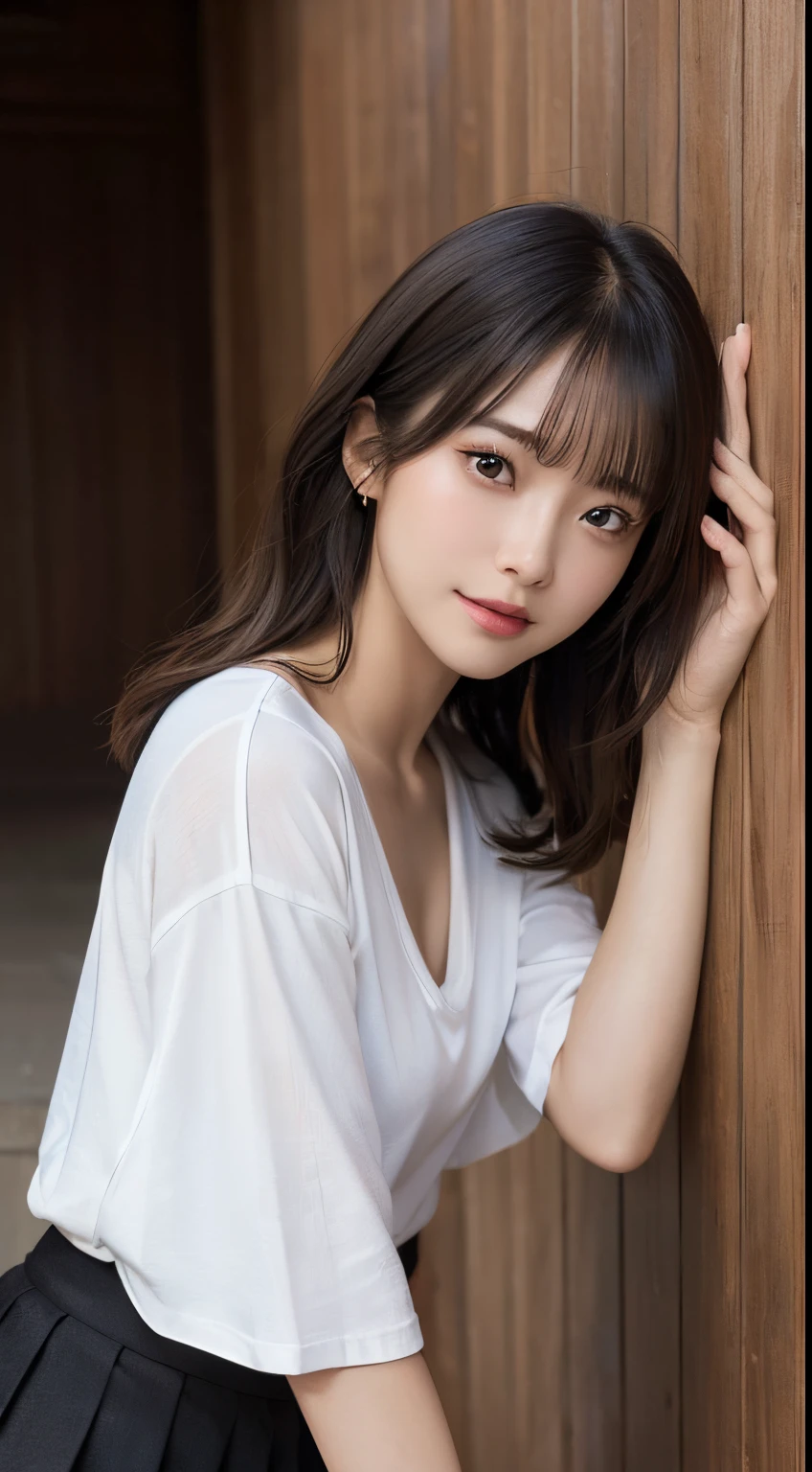 Innocent 18 year old girl、((White T-shirt, small black pleated skirt,Black High Heels,You can see the shape of the chest,Dramatic poses)),Smile,Twin-tailed,Curly hair,Background of Western-style buildings、Wooden wall background、Raw photo, (8K、top-quality、masterpiece:1.2)、(intricate detailes:1.4)、(Photorealsitic:1.4)、octane renderings、Complex 3D rendering ultra detail, Studio Soft Light, Rim Lights, vibrant detail, super detailing, realistic skin textures, Detail Face, Beautiful detail eyes, Very detailed CG Unity 16k wallpaper, make - up, (detailedbackground:1.2), shinny skin, Full body、((From head to thigh)),((Shot from below))