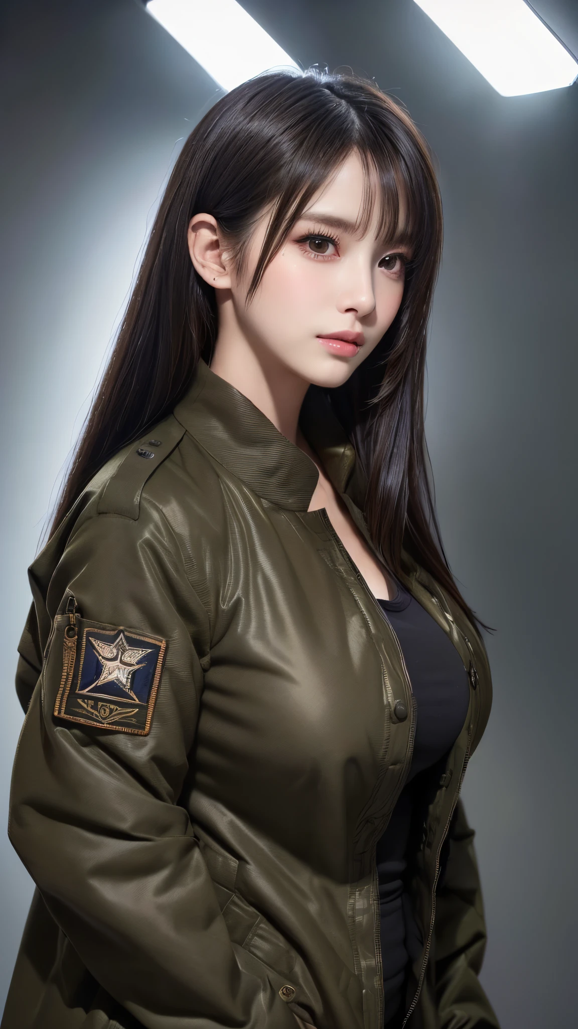 (best quality, 4k, 8k, high-res, masterpiece:1.2), ultra-detailed, (realistic, photorealistic, photo-realistic:1.37), (beautiful detailed eyes, beautiful detailed lips, extremely detailed eyes and face), studio lighting, physically-based rendering, vivid colors, (big tits, super big tits, super extra big tits, glamorous body), (military jacket:1.5), (portrait, long black straight hair, shiny hair, shiny skin), (blurred background), (tilt your head to the side:1.5), (black tank top:1.2),
