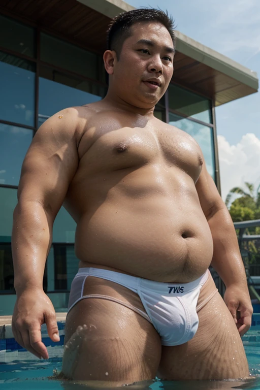 Fat Thai guy with a belly wearing underwear with a crotch in the swimming pool.
