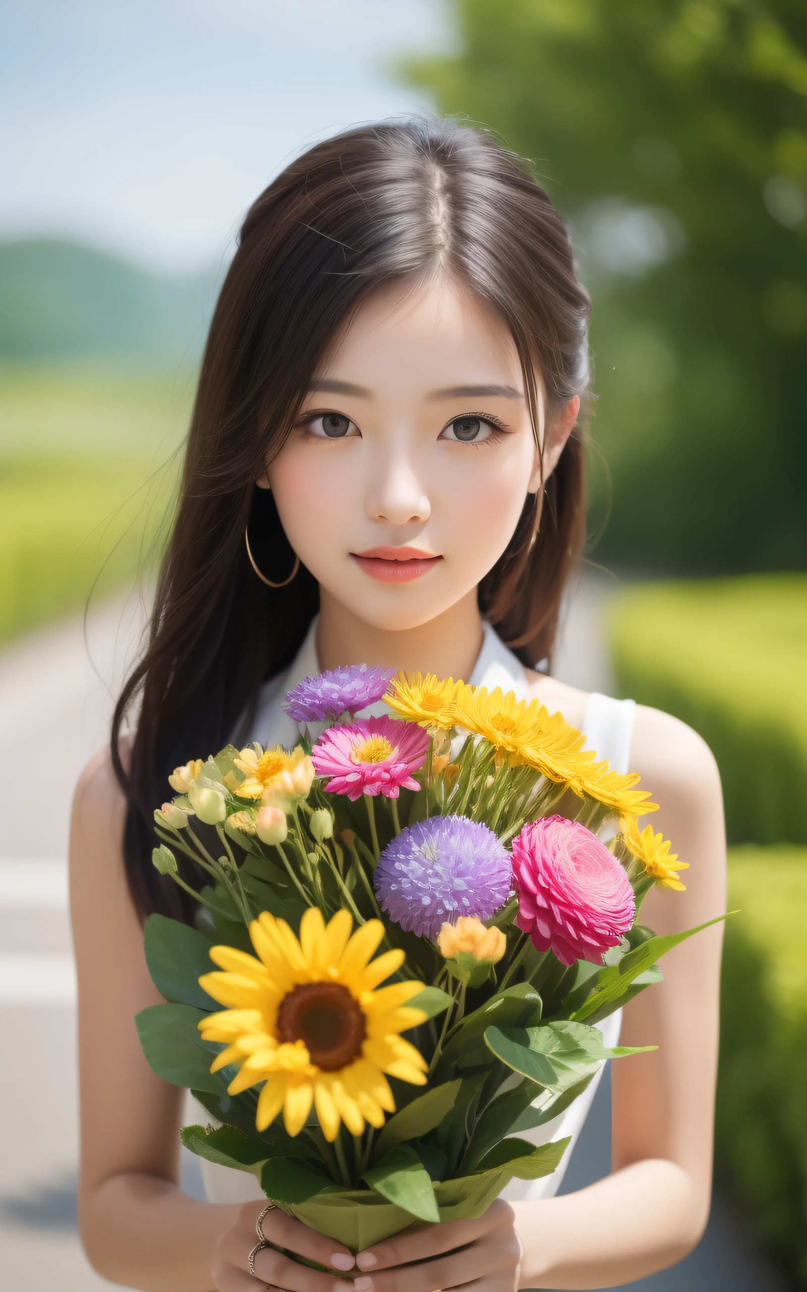 masterpiece, Best Quality, 8K, 1 girl, holding a Bouquet of colorful many flowers, neat and clean beauty