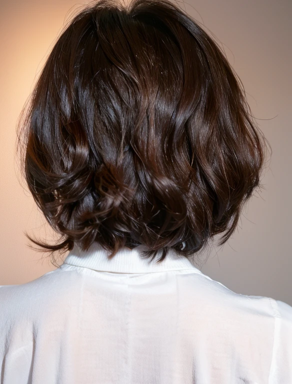 best quality, masterpiece, highres, (detailed:1.4), back view of a middle-aged woman with a white shirt, backwards posture, back of the hair, no background, short - medium length hair, dark brown hair, chin-length hair, glossy beautiful hair