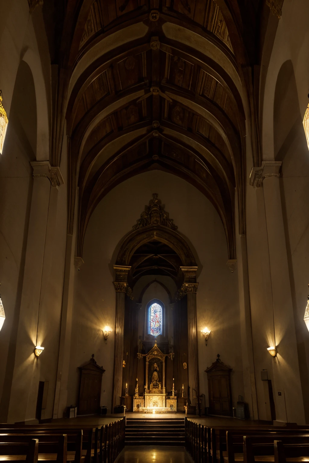 escena de sala de gotico,iluminada con velas,muebles antiguos,techos con arte grafica de angeles, semejante al interior de la capilla de san pedro en italia,estilo renacentista gotico