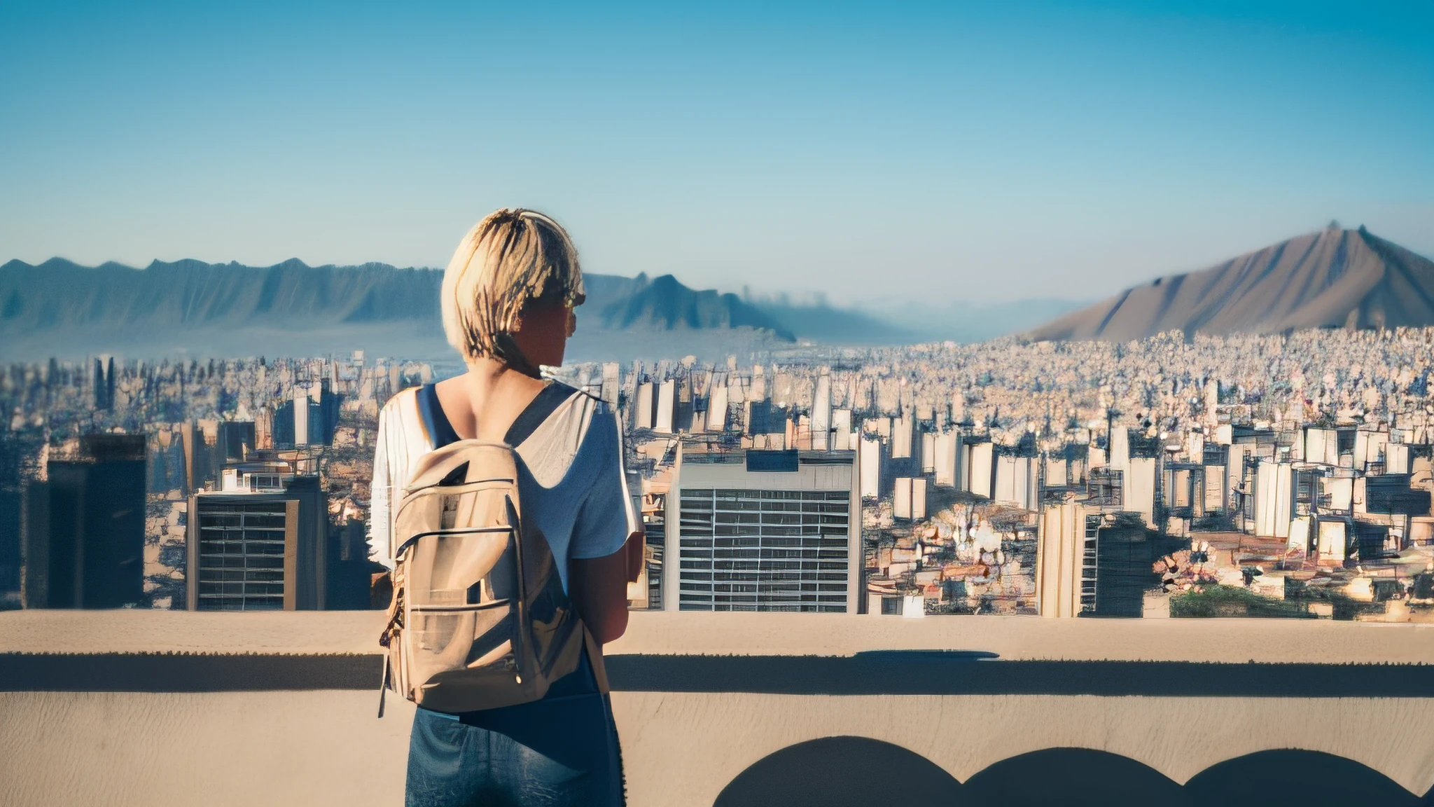 A woman, a 40-year-old European backpacker with short, blonde hair, is portrayed in a wide medium wide shot. The camera captures him from behind, with his head turned towards the camera. Standing at the vantage point, the person takes in the panoramic view of the city of Lima, Peru. Being a backpacker, the woman is dressed in casual and practical clothing suitable for his adventurous journey.