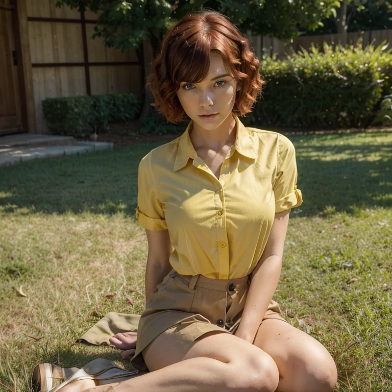 (Masterpiece), (Excellent), (Extremely Fine), 1 girl, short red hair with bangs and curls at the end, green eyes, yellow button down shirt, brown skirt, petite body, sitting in the grass