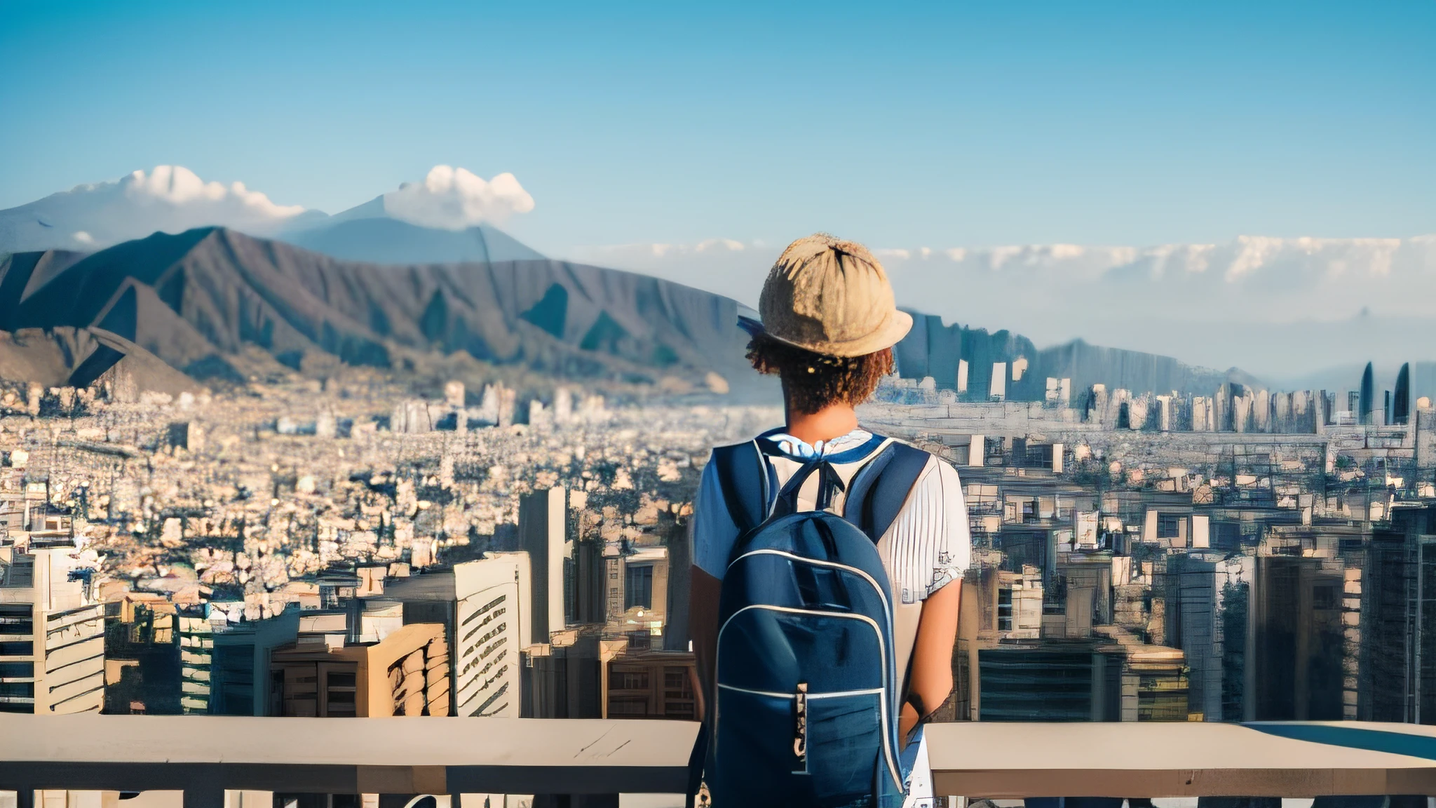 A woman, a 40-year-old European backpacker with short, blonde hair, is portrayed in a wide medium wide shot. The camera captures him from behind, with his head turned towards the camera. Standing at the vantage point, the person takes in the panoramic view of the city of Lima, Peru. Being a backpacker, the woman is dressed in casual and practical clothing suitable for his adventurous journey.