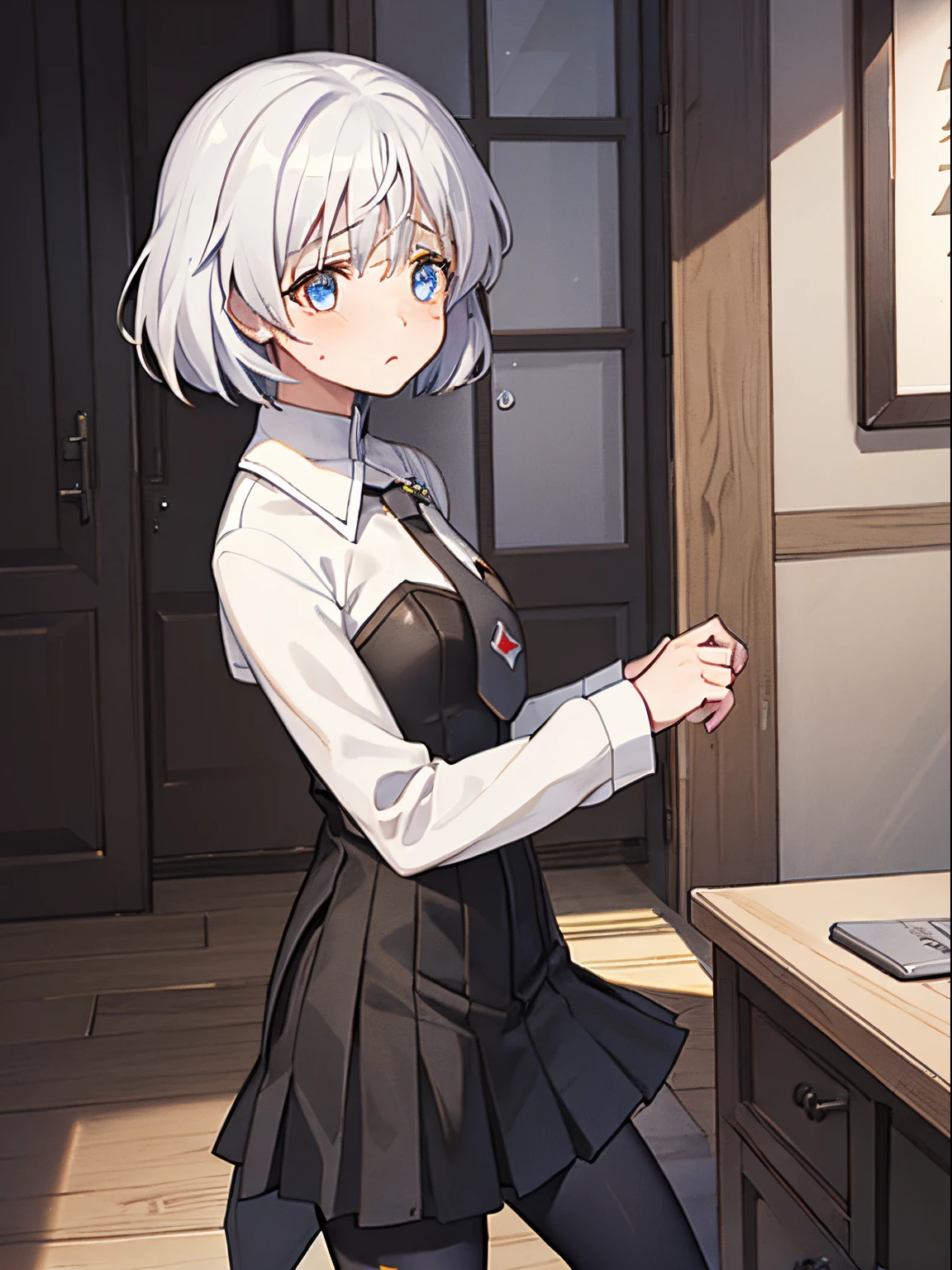 Sanya、white  hair、verd s eyes、military outfits、neck tie、panthyhose、sexy  pose、 (​masterpiece、top-quality;1)、ighly detailed、ultra-detailliert、1girl in、独奏、:Black tights、12year old、elementary student、、Petite girl、Crying face、troubled look、Large tears、Wide open、