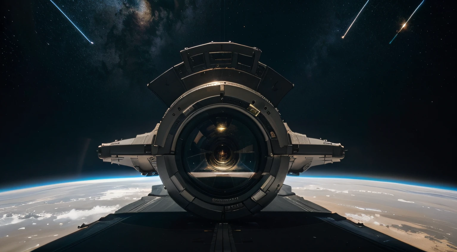 In space, the high-tech login device is docked with the space station. It has a strong metallic texture and an ultra-wide-angle lens. The picture is bright and realistic, with photographic effects and golden section composition.