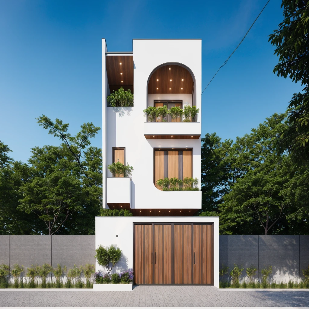 1 morden architect, main material by white wall and wood, 1large yard, 1 road runs in front of the house,  (RAW photo, real, best quality, masterpiece:1.2), look morden minimalist, 1 road in front of the house, dynamic lighting:1.3, (hyper realistic, photo-realistic:1.2), high quality, (dark lighting:1.2), perfect lighting, archdaily, no human