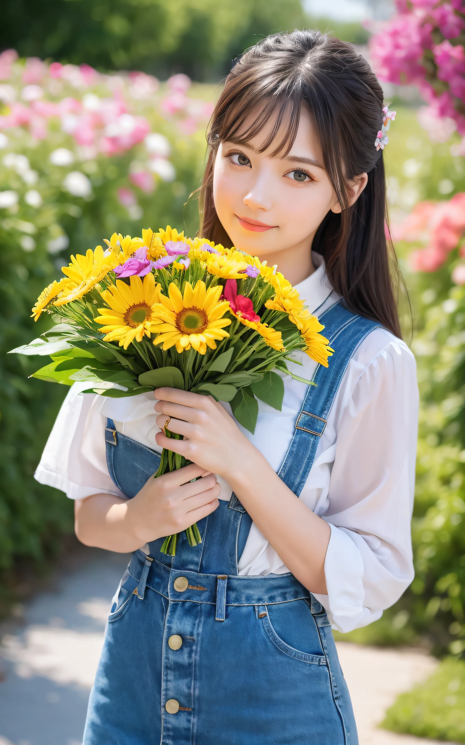 masterpiece, Best Quality, 8K, 1 girl, holding a Bouquet of colorful many flowers, neat and clean beauty