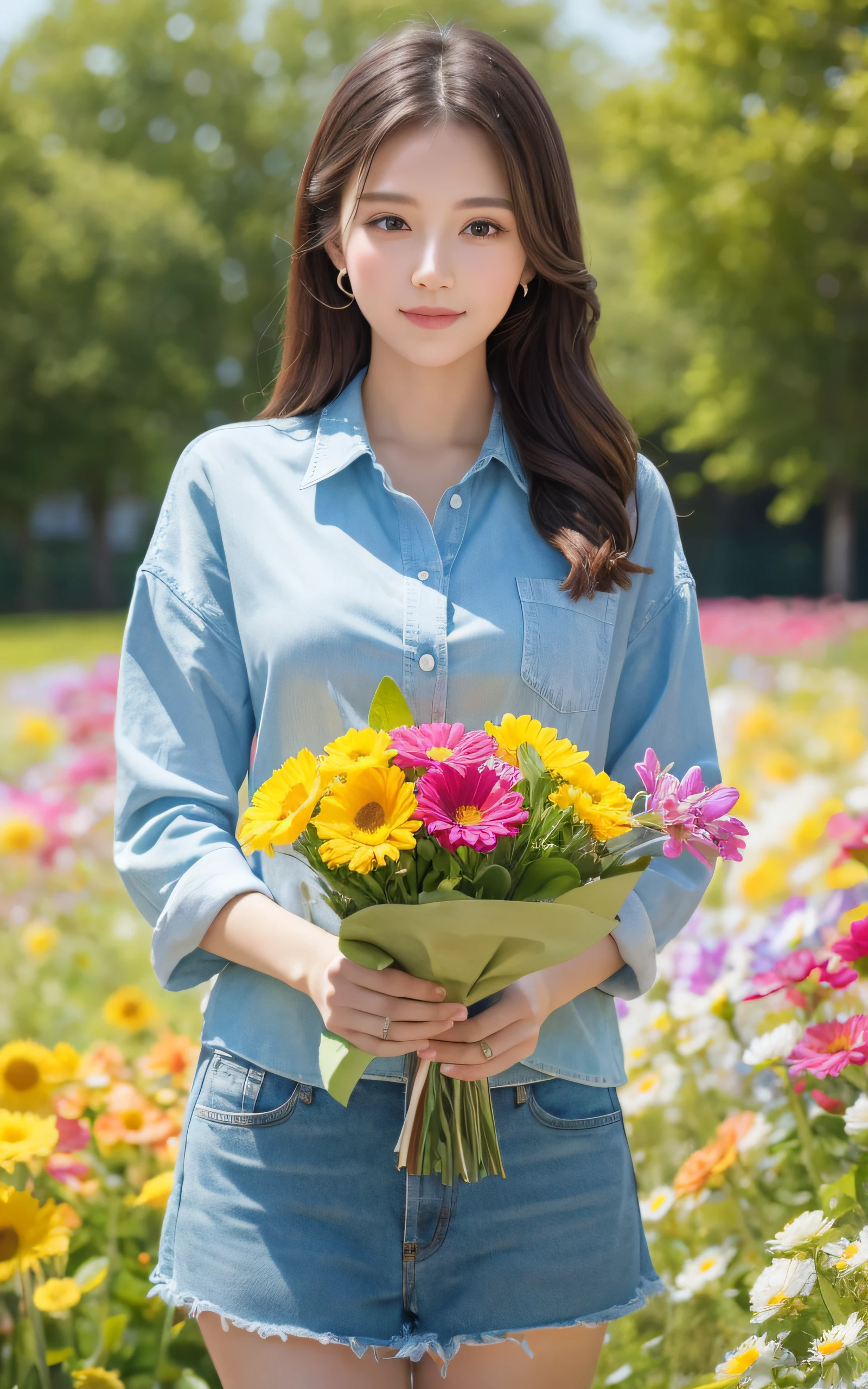 masterpiece, Best Quality, 8K, 1 girl, holding a Bouquet of colorful many flowers, neat and clean beauty