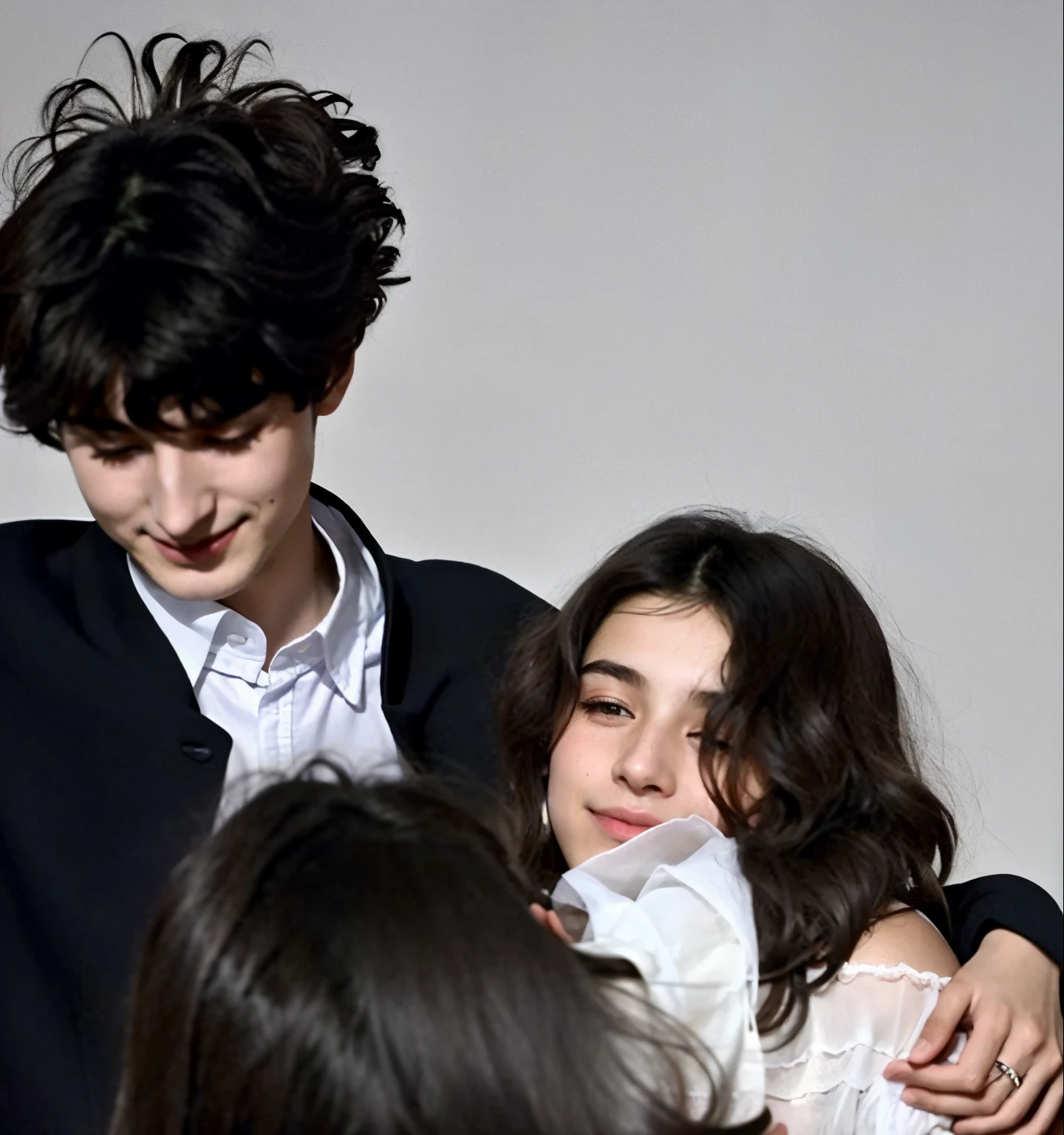 there is a man and woman hugging each other in a crowd, thomas danthony and malika favre, timothee chalamet, photoshoot, finn wolfhard, gregoire and manon, davide sorrenti, 'white background'!!!, valentina remenar, federico pelat, hugging, arm around her neck, photoshoot for vogue magazine