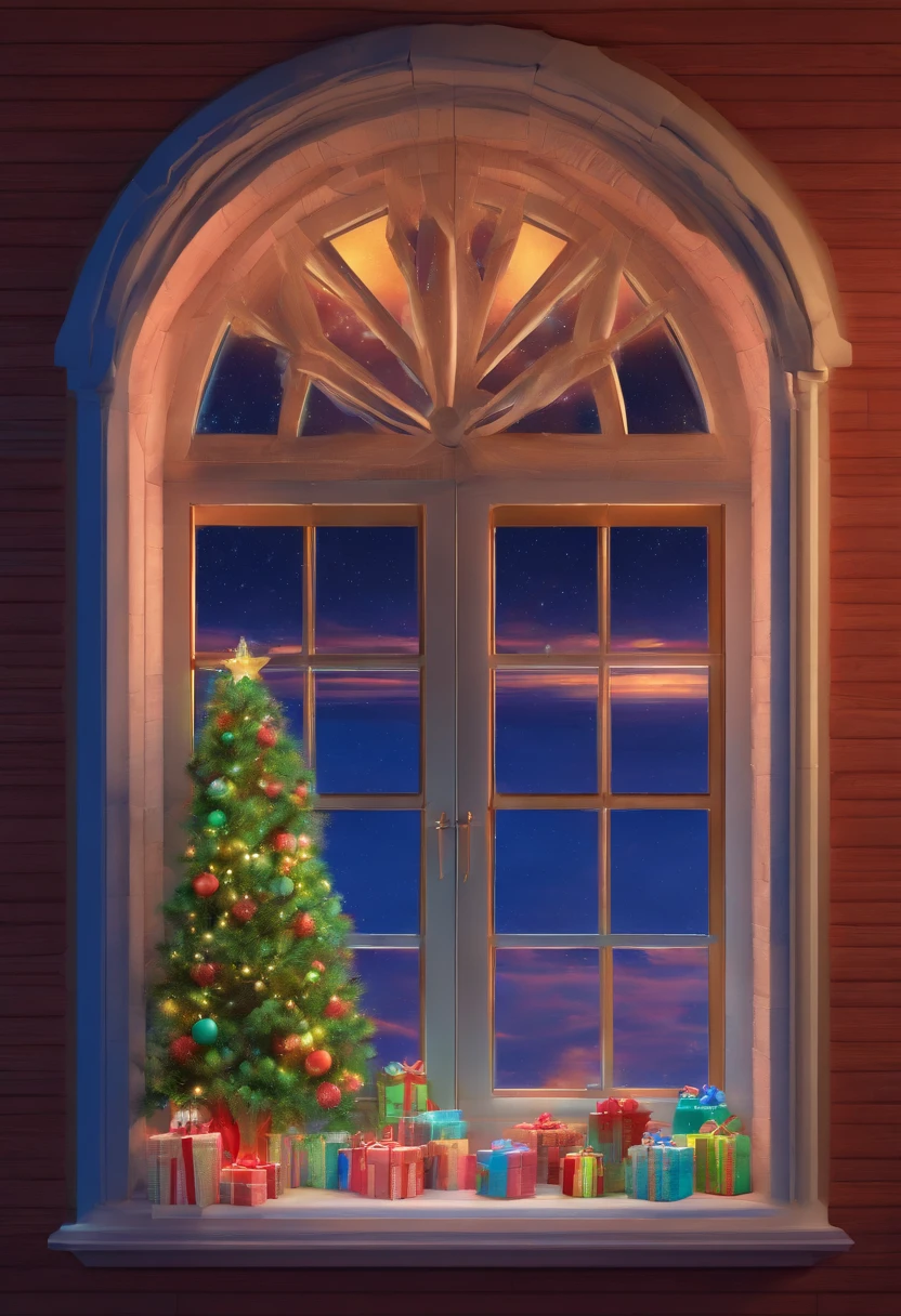 window, Christmas, showing at night, in 16K