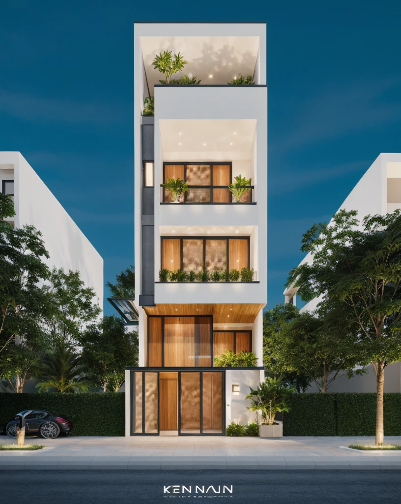 1 morden architect, main material by white wall and wood, 1large yard, 1 road runs in front of the house, (RAW photo, real, best quality, masterpiece:1.2), look morden minimalist, 1 road in front of the house, dynamic lighting:1.3, (hyper realistic, photo-realistic:1.2), high quality, (dark lighting:1.2), perfect lighting, archdaily, no human