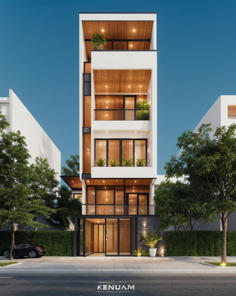 1 morden architect, main material by white wall and wood, 1large yard, 1 road runs in front of the house, (RAW photo, real, best quality, masterpiece:1.2), look morden minimalist, 1 road in front of the house, dynamic lighting:1.3, (hyper realistic, photo-realistic:1.2), high quality, (dark lighting:1.2), perfect lighting, archdaily, no human