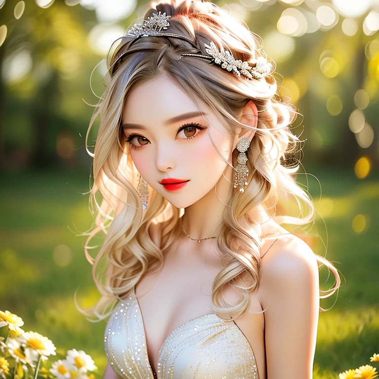 Solo,fairytale,Princess is shy smile, flowers and tiara,dress,blonde Messy bun hair, half updo hair, Looking at Viewer, Hair Ornament, Pastel colors hair, Jewelry,vivid 22eyes, makeup, Lips, Wavy Hair, earrings, Upper body, Portrait, Bangs, hair clips, Hand up, 鎖骨, garden background, Red lips,dress
