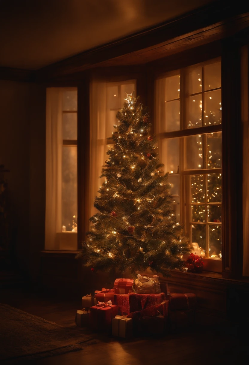 window, Christmas, showing at night, in 16K