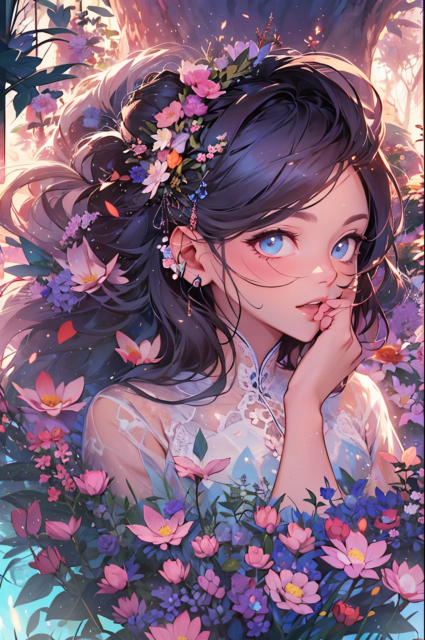 Doubleexposure，girl portrait，Glowing planet，style of disney animation，disney animated movie style，（（Best quality））， （（tmasterpiece））， Enhanced dynamic viewing angle，，flowers blooming，Cottage in the woods，glowing effect，ultra - detailed，Works of masters，high high quality，8K分辨率，depth of fields，电影灯光，epic shooting，high high quality，ultra - detailed，Detailed pubic hair，Accurate，电影灯光