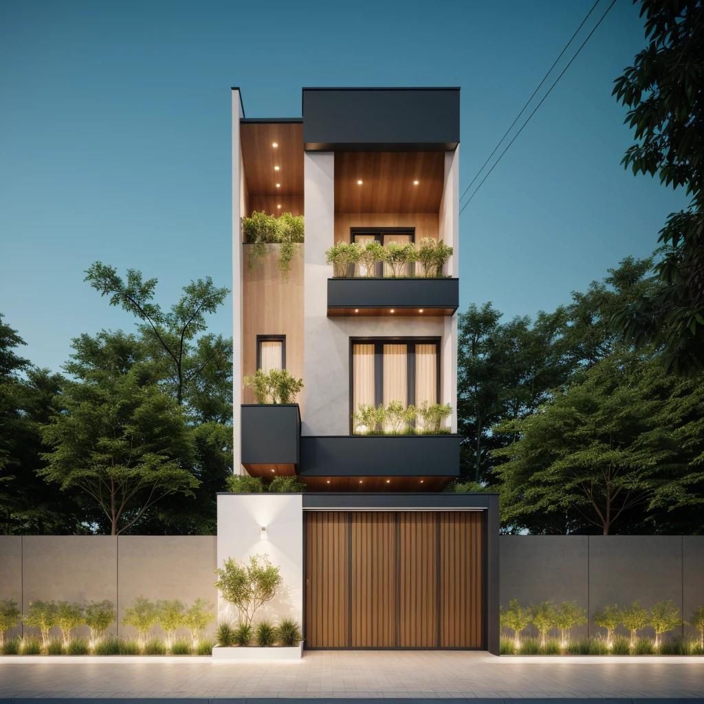 1 morden architect, main material by white wall and wood, 1large yard, 1 road runs in front of the house, (RAW photo, real, best quality, masterpiece:1.2), look morden minimalist, 1 road in front of the house, dynamic lighting:1.3, (hyper realistic, photo-realistic:1.2), high quality, (dark lighting:1.2), perfect lighting, archdaily, no human