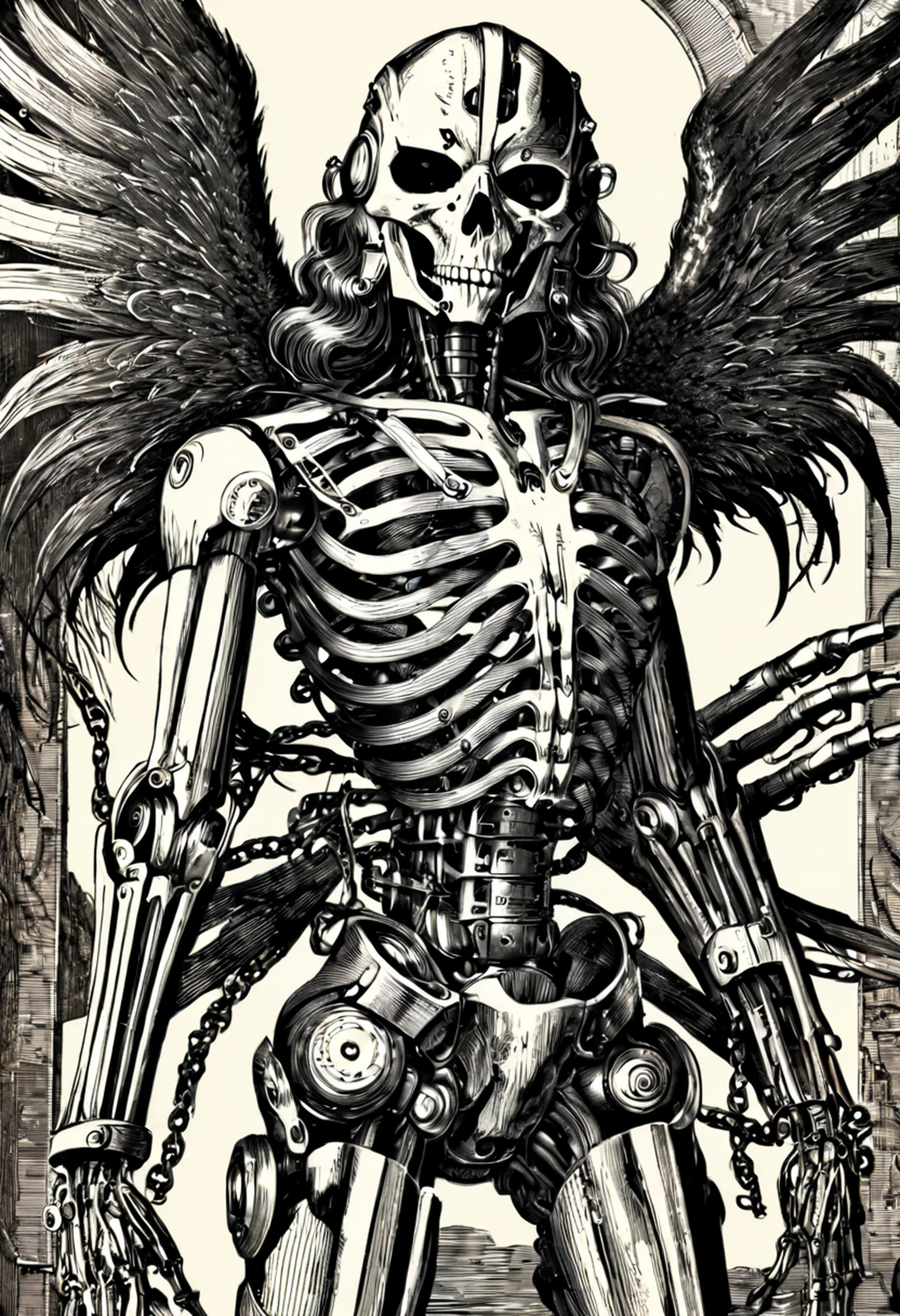 vntg artystyle "vintage" black and white retro death angel, biomechanical cyborg,