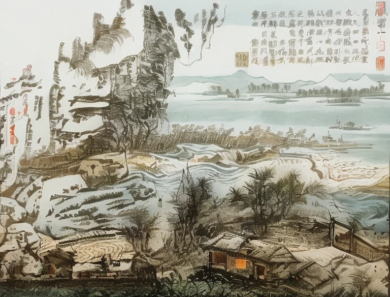 Mountain view with river and village, chinese brush pen illustration, z style art work.show on. to the, Pen illustration, Pen and ink illustration, full page illustration, Detailed view – width 672, The landscape, Chinese landscape, Inspired by::《Qiu Wentianjiang》