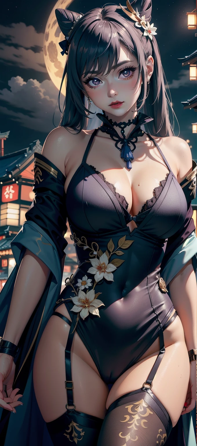 ((masterpiece)),(bestquality),((ultra-detailed)), ((beautiful detailed sky)), ((cinematic lighting)), depth of field, (dynamic angle),detailed lighting,(beautiful detailed eyes), ((japan night view)),red lip, eyeshadow,large breast, (erotic), ((sexy)), cleavage, navel, (keqingdef, keqingrnd)