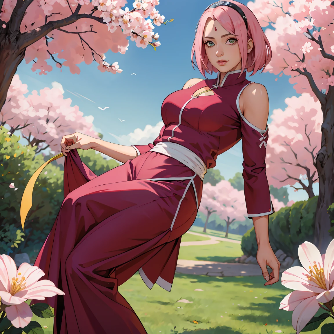 (((Traje formal))), Obra maestra， La mejor calidad en el mejor de los casos， 1girll， Sakura Haruno， senos grandes,Vestimenta fuera del hombro，minifalda,（escote)，（Primer plano de la parte superior del cuerpo)，Criado sexy，is shy，smil，con cabello rosado， Pelo largo blanquecino， （Globos oculares verdes:1.4)， Forehead protection， Los cerezos，Cerezos en flor volando，Ropa roja, Figura tetona, :1.1, :1.1, Ahegao:1.1