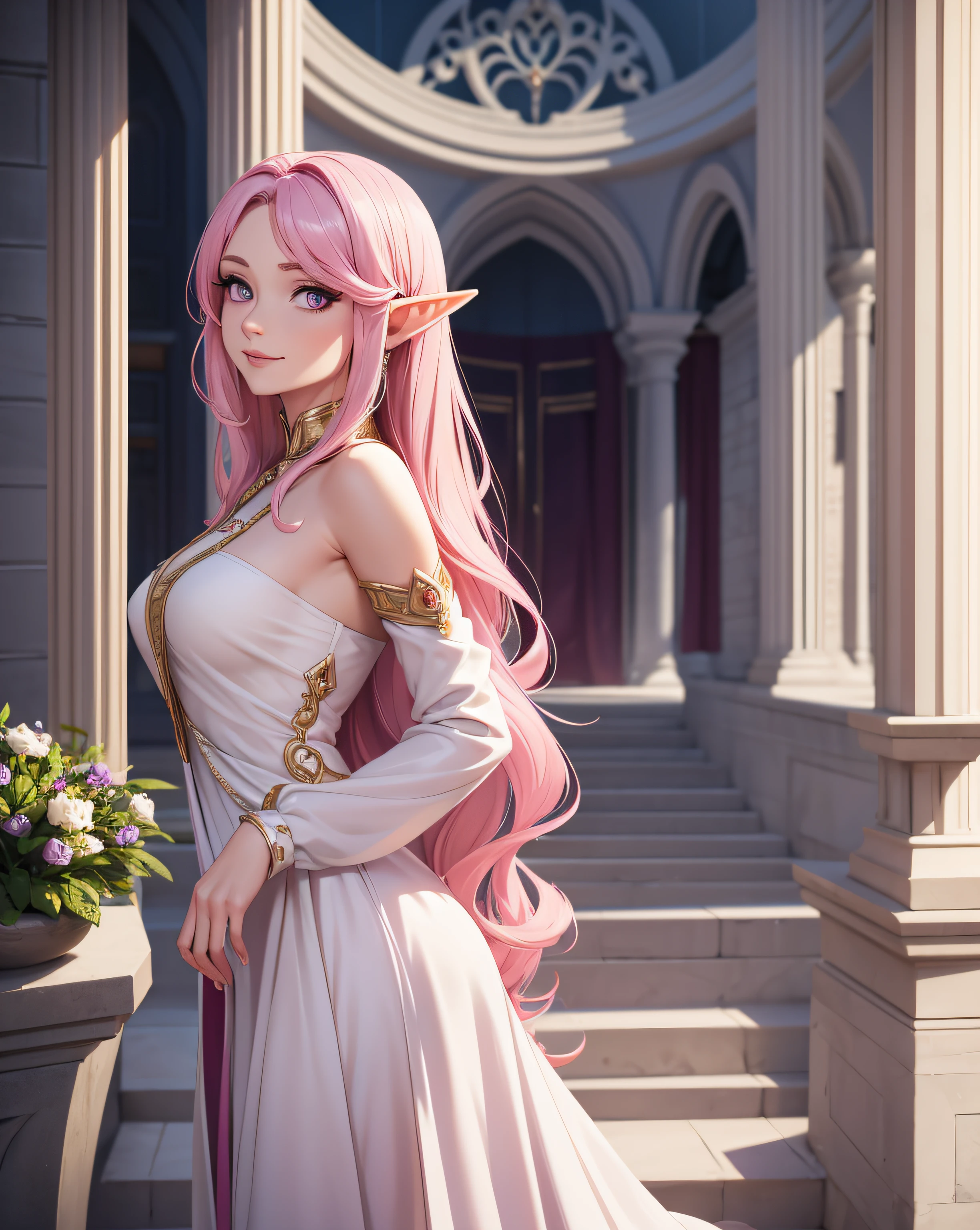 elven noble lady, 1girl, adult, medium breasts, elf, violet eyes, body towards viewer, official portrait, regal, kind smile, calm, hair that cascades down her back, slender figure, serene, grace, ruler, gentle, caring, motherly, simple jewelry, gentle face, exquisite beauty, elegance, nobility, fair skin, very long hair, pink hair, wearing elegant dress, silver dress, palace, absurdres, high res, ultrasharp, 8K, masterpiece, looking at viewer
