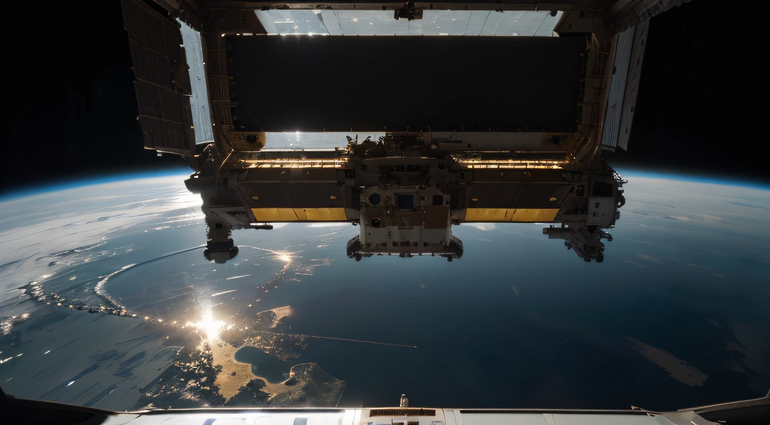 In space, the high-tech login device is docked with the space station. It has a strong metallic texture and an ultra-wide-angle lens. The picture is bright and realistic, with photographic effects and golden section composition.