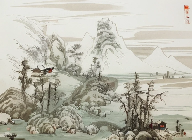 Mountain view with river and village, chinese brush pen illustration, z style art work.show on. to the, Pen illustration, Pen and ink illustration, full page illustration, Detailed view – width 672, The landscape, Chinese landscape, Inspired by::《Qiu Wentianjiang》