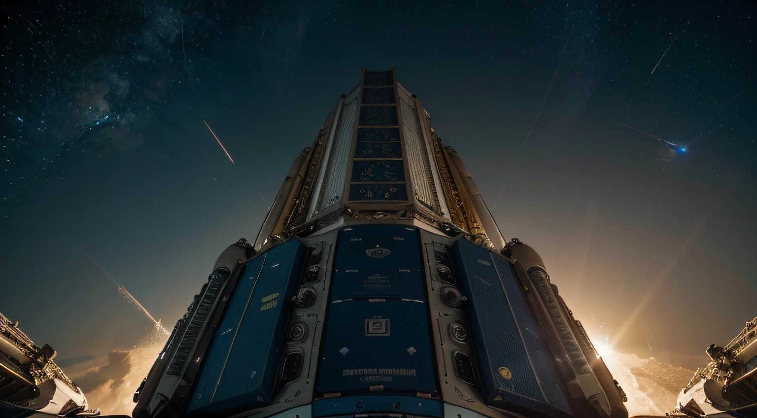 In space, the high-tech login device is docked with the space station. It has a strong metallic texture and an ultra-wide-angle lens. The picture is bright and realistic, with photographic effects and golden section composition.