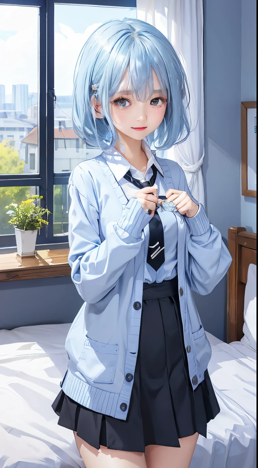 Beautiful illustration、top-quality、prety woman、Bedroom、lightblue hair、Happiness、Black miniskirt、White blouses、long、Tie Black、cardigan light blue、natta