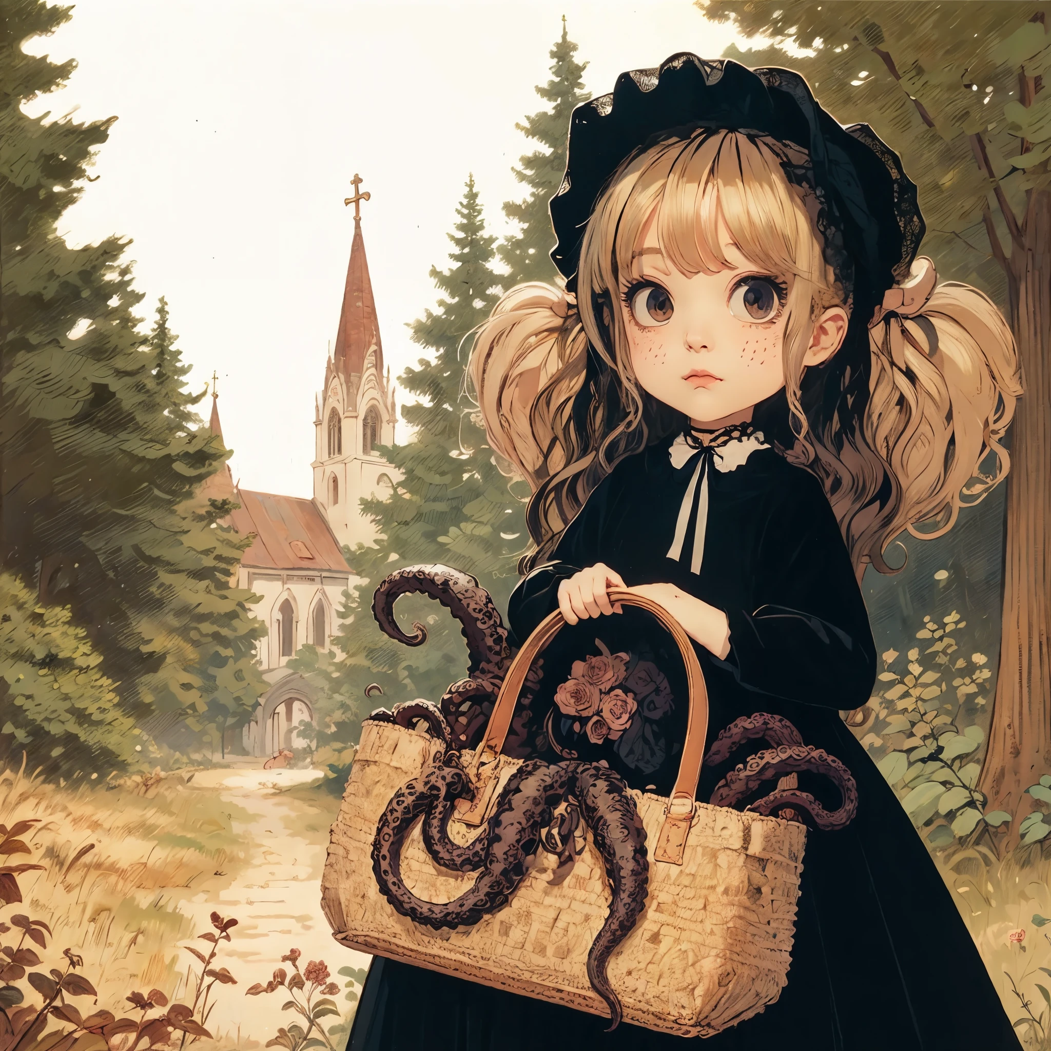 girlA girl with a handbag. She is a tentacle monster from inside the basket. She has pigtailed hair. She is a black veil. in the forest. Church in the distance.