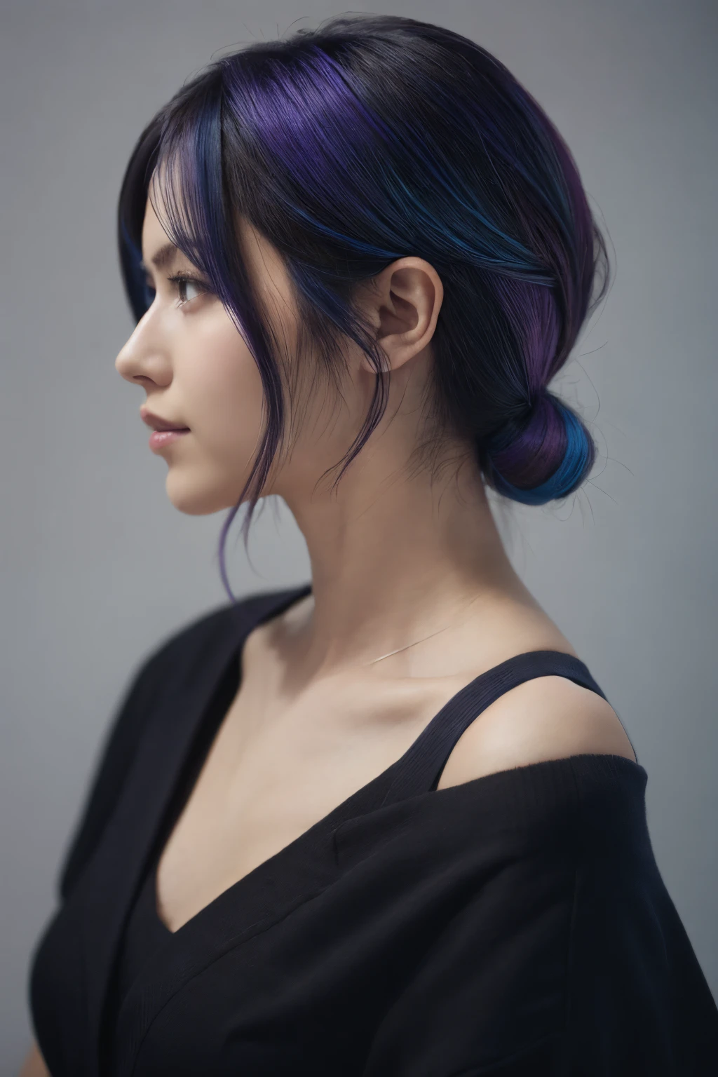 Business style girl colored hair dark purple blue white highlights, shoulder length hair, whitebackground. Profile view