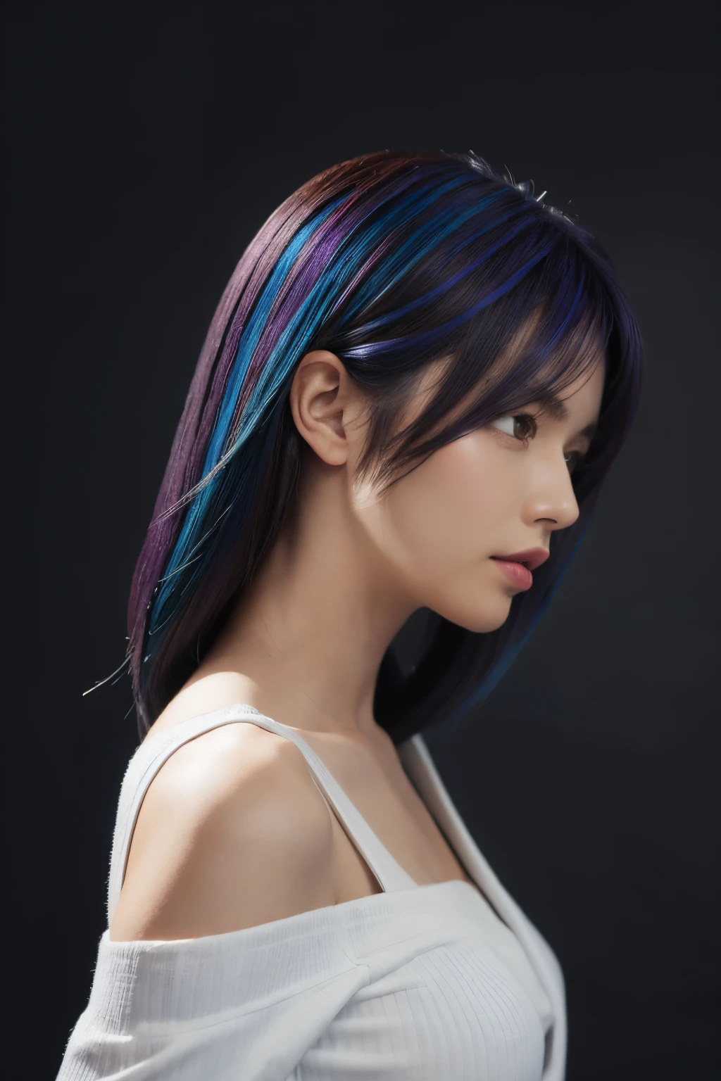 Business style girl colored hair dark purple blue white highlights, shoulder length hair, whitebackground. Profile view