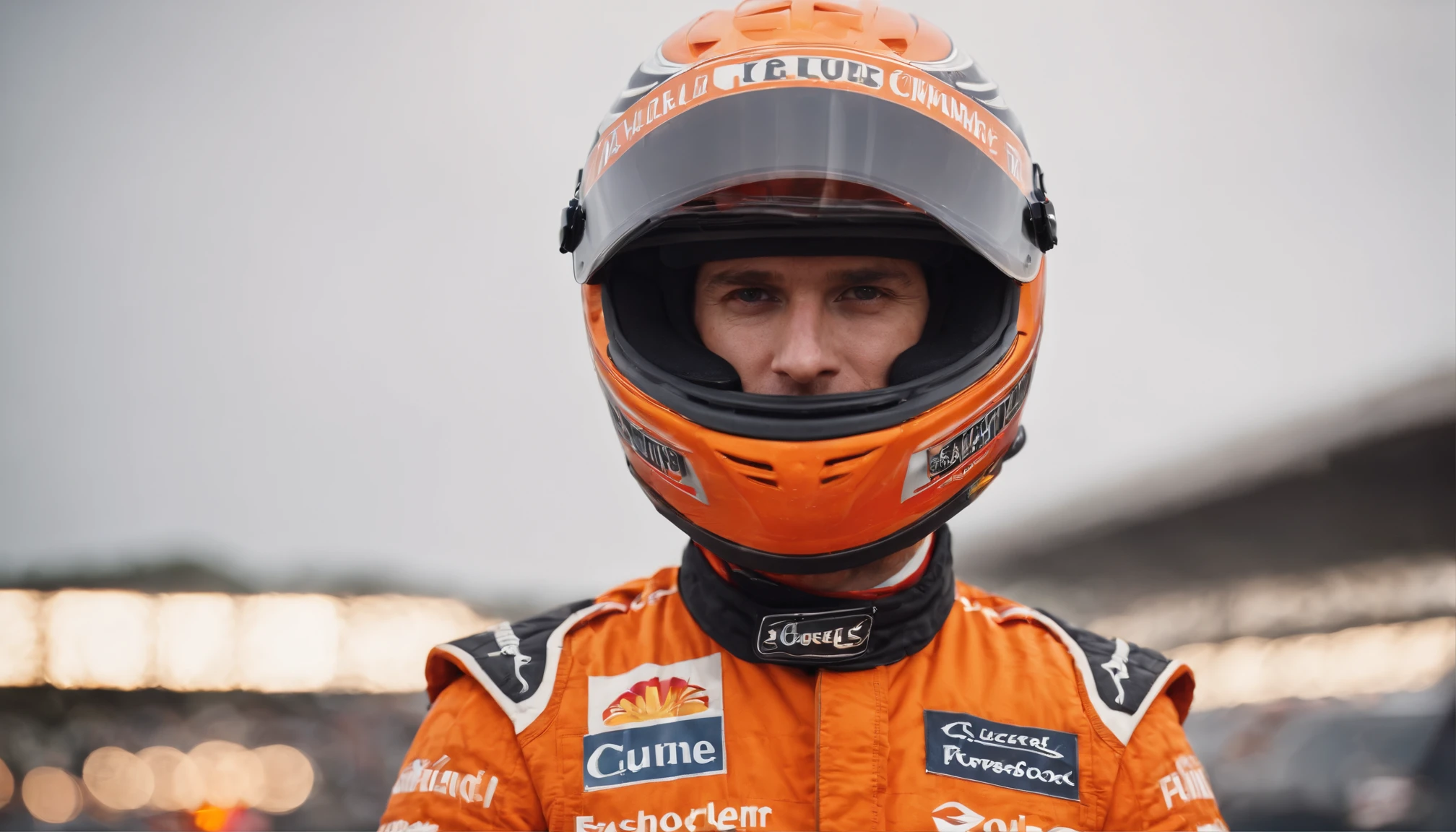 Racing driver with in a orange and black racing suit covered with lots of sponsor badges is standing in front off his racing car, race track, the racing car also got some orange features, the racing driver got his helmet on his head and the helmet visor is closed so you cannot se the drivers face, arm crossed, black visor,