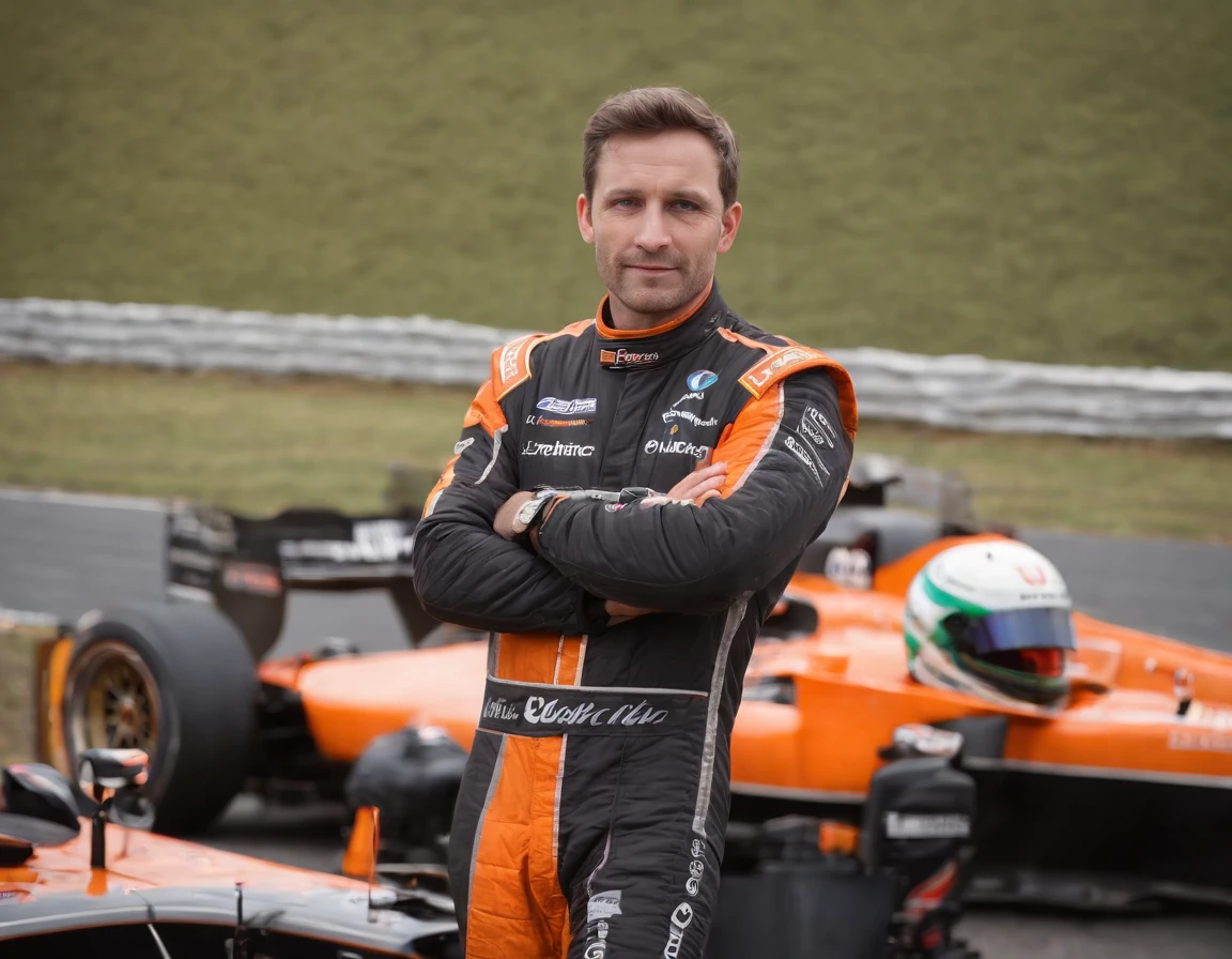 Racing driver with in a orange and black racing suit covered with lots of sponsor badges is standing in front off his racing car, race track, the racing car also got some orange features, the racing driver got his helmet on his head and the helmet visor is closed so you cannot se the drivers face, arm crossed, black visor,