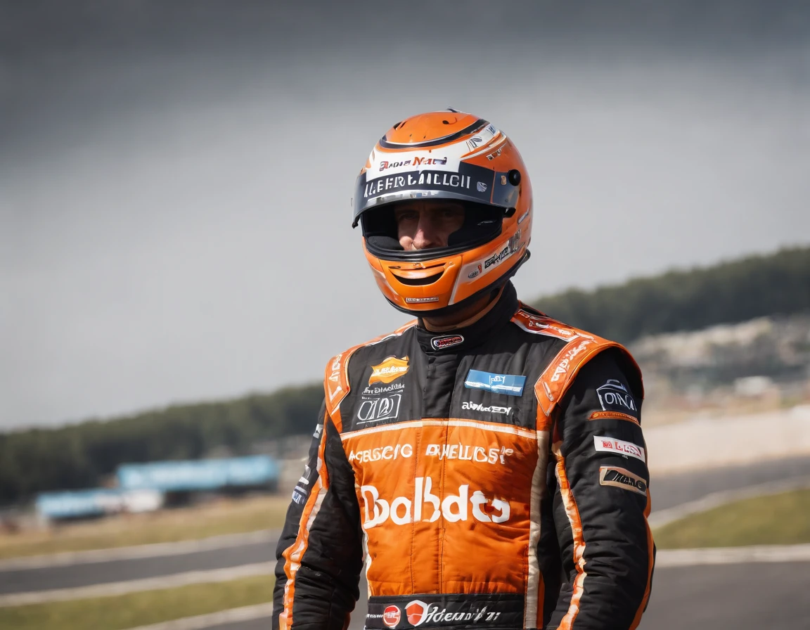 Racing driver with in a orange and black racing suit covered with lots of sponsor badges is standing in front off his racing car, race track, the racing car also got some orange features, the racing driver got his helmet on his head and the helmet visor is closed so you cannot se the drivers face, arm crossed, black visor,