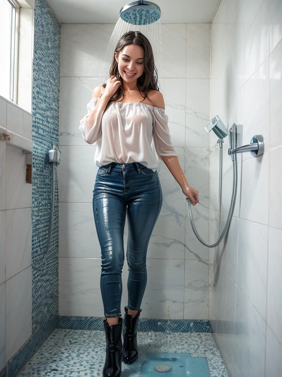 woman taking a shower in white off the shoulder blouse and dark blue skinny jeans and black ankle boots with 5" block heel, wet hair, soaking wet SoakingWetClothes, standing under shower head, show boots, inviting smile