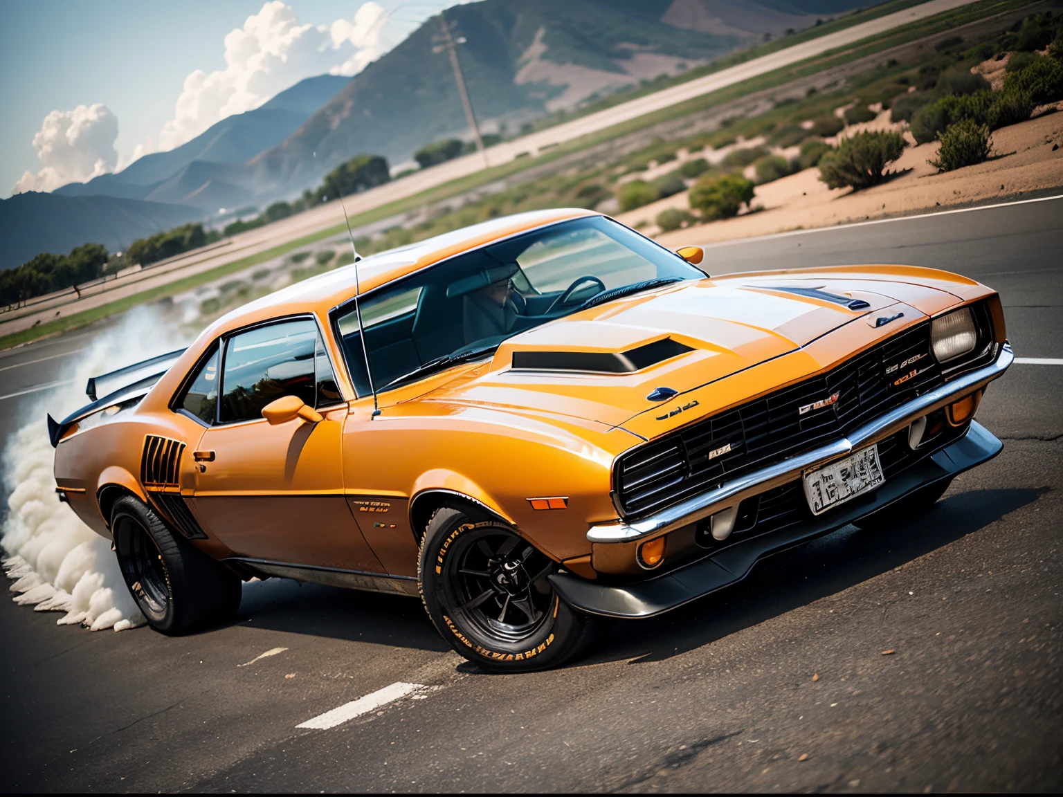 photo of a running "old chevrolet camaro" on fire, This car is on fire, It's on fire, queimando, pegando fogo no motor, chamas lindas e fortes, fire on engine, tires on fire, fogo em toda parte, black opaque glass