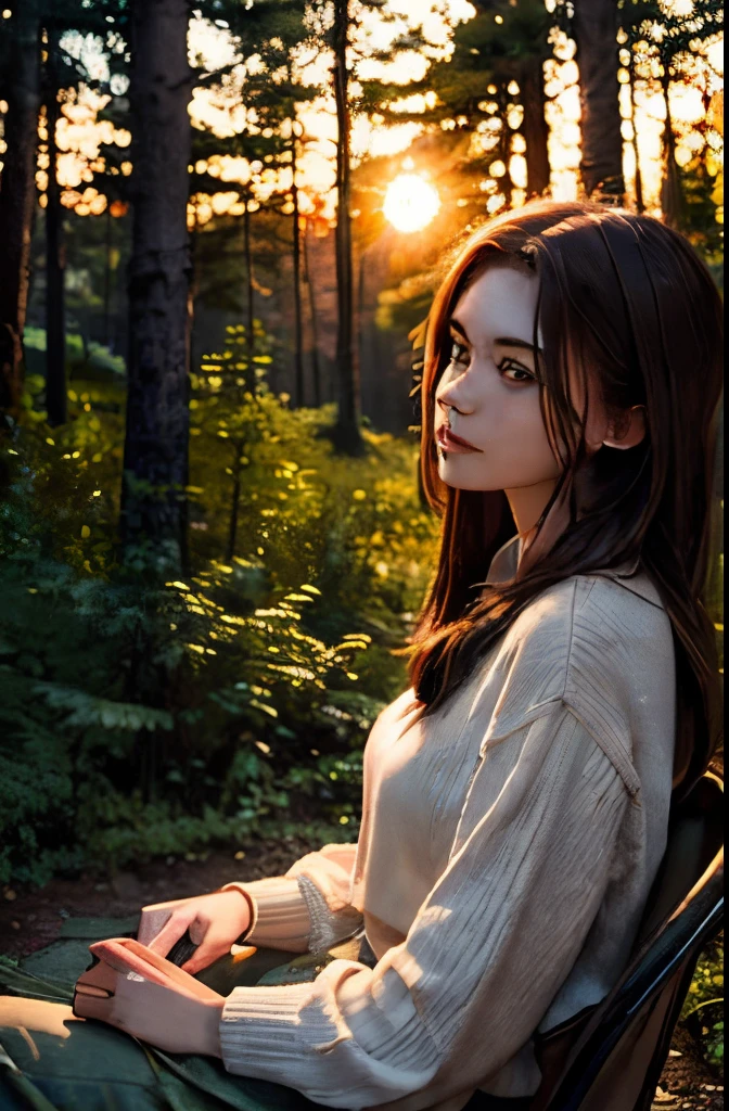 Beautiful mysterious woman with brown hair, In the beautiful forest enjoying the sunset