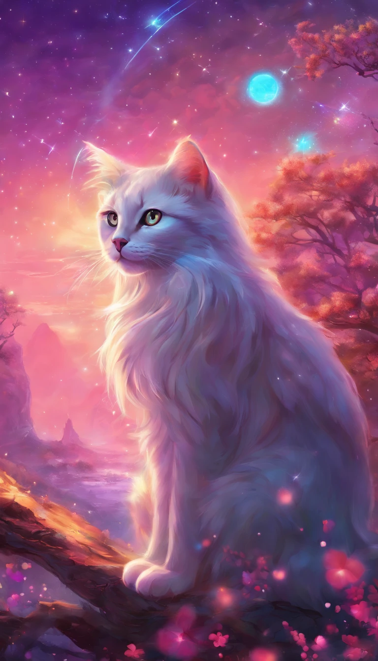 (best quality,4k,8k,highres,masterpiece:1.2),ultra-detailed,(realistic,photorealistic,photo-realistic:1.37),astral,floating,feline,magical,ethereal sparkle,nebula sky,glimmering stars,astral dust,purple galaxy,pink interstellar,cosmic illumination,celestial body,infinite space,vibrant streaks,whiskers,soft fur,playful feline,pink gaze,paws in motion,curious cat,exploration,adventure,outer-space,vector art,glowing eyes,abstract art,vivid colors,otherworldly presence,starry background,serene atmosphere,night sky,intergalactic traveler,beauty in the unknown,surrealism,transcendent experience