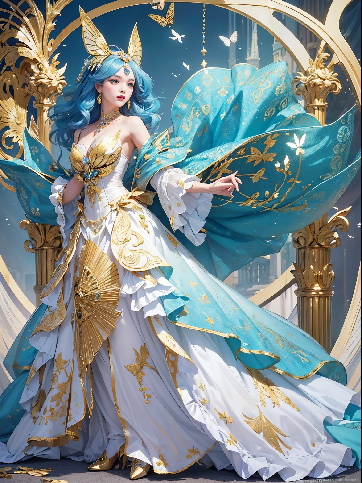 Butterfly motif、white and gold tones、Vibrant colors、((​masterpiece)))、(((top-quality)))、((ultra-detailliert))、(A hyper-realistic)、(highly detailed CGillustration）、Official art、Decadent、Madame Papillon、Cool Beauty、Athens in the first half of the 20th century、Masquerade、refinement、Elegance、a gorgeous、、Colorful and detailed mask design、matchless beauty、Fans、gorgeous dress、jewely、Perfect Angle、perfect-composition、low angles、full body Esbian