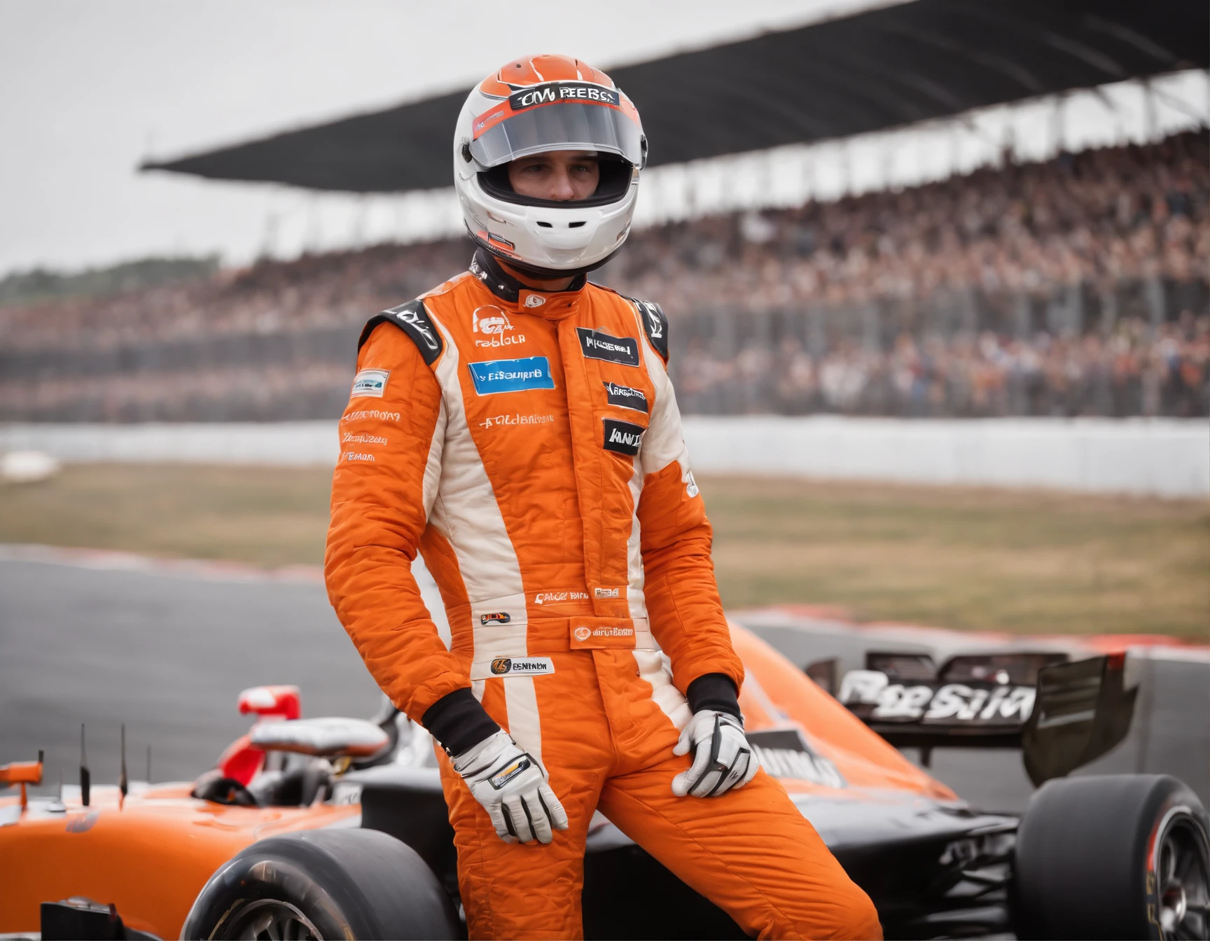Racing driver with in a orange and black racing suit covered with lots of sponsor badges is standing in front off his racing car, race track, the racing car also got some orange features, the racing driver got his helmet on his head and the helmet visor is closed so you cannot se the drivers face, arm crossed, black visor,