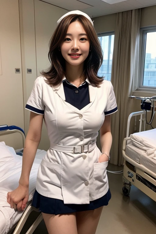 (1 Ultimate Beautiful Mature Nurse)、hyperdetailed face、Detailed lips、detailed eyes、double eyelids、((brunette bob hair))、(nurse's uniform:1.3)、(Glamorous body)、(Huge breasts)、smile、thighs thighs thighs thighs, Perfect fit, Perfect image realism, Background with: (Hospital Patient Rooms:1.2), Cowboy Shot, 细致Background with, detailed costume, Perfect litthing、Hyper-Realism、(Photorealsitic:1.4)、8K maximum resolution, (​masterpiece), highly detailed, Professional