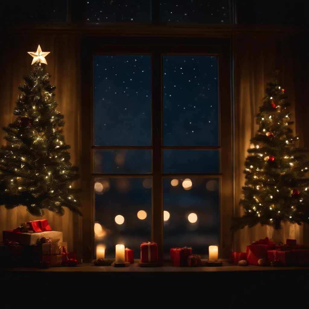 window, Christmas, showing at night, in 16K