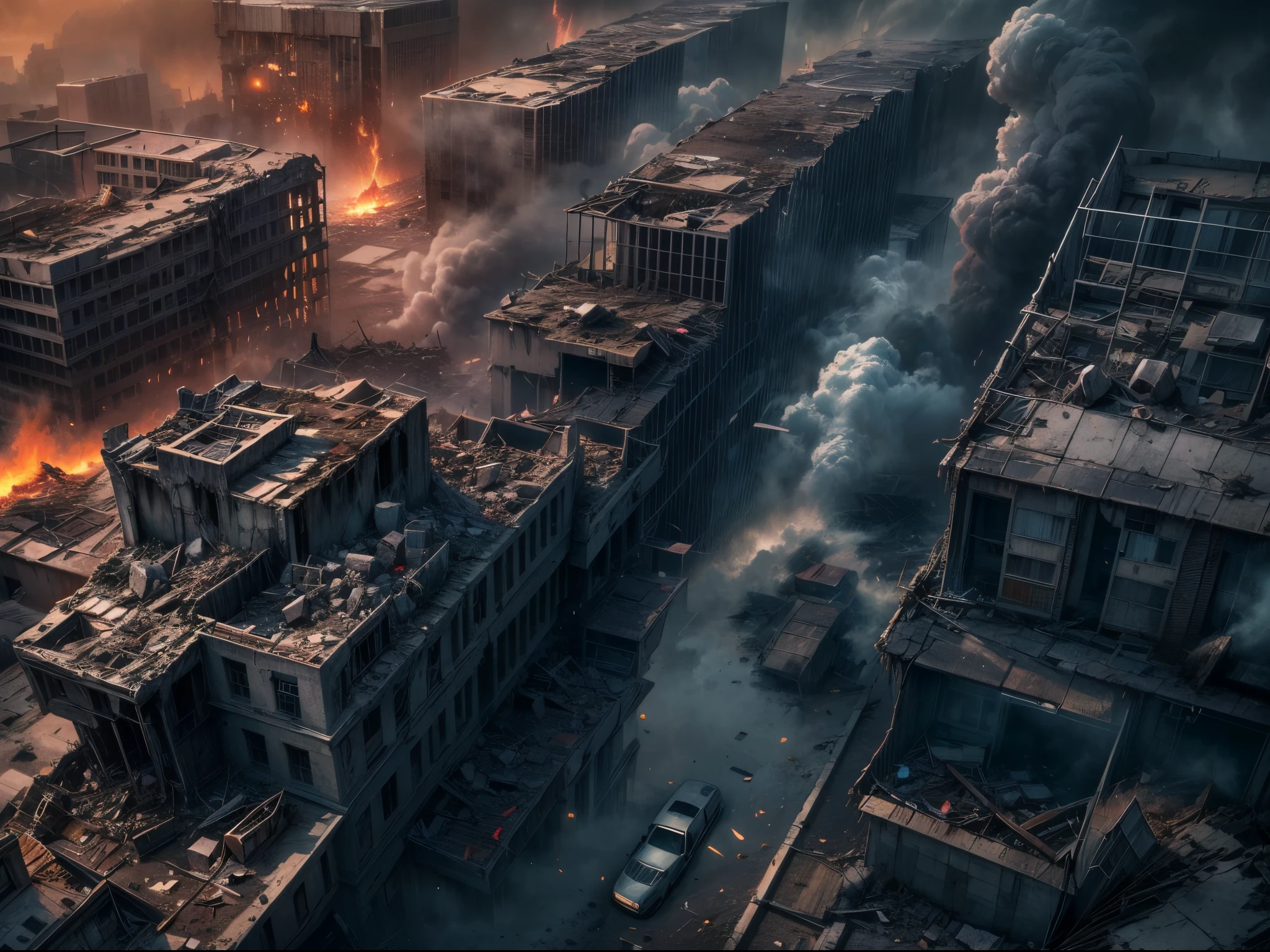(from above，viewed from bird's-eye)，Faraway view，in a panoramic view，In the post-apocalyptic era, view over city，New York City was destroyed by a nuclear explosion，Collapsed houses，A lot of buildings burned，The fire burst into the sky，Many buildings were blown up，（The collapsed Statue of Liberty fell into the sea），Expose the head，Remains Cliff，Distant fires and explosions，dystopian scifi apocalypse