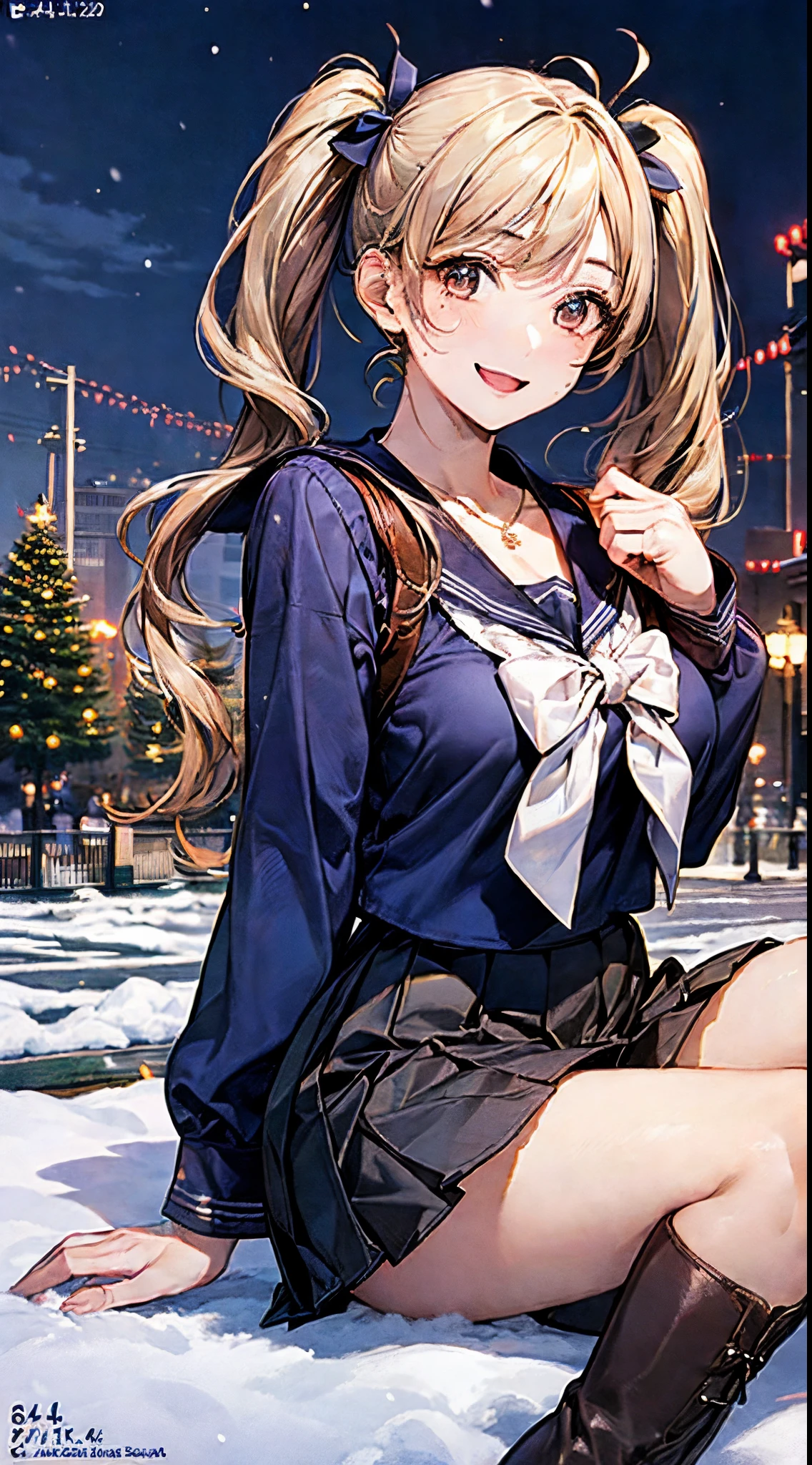 ((((perfect anatomy, super detailed skin)))), 1 girl, japanese, high school girl, shiny skin, large breasts:0.5, looking away, looking up, watching the view, from below, 
beautiful hair, beautiful face, beautiful detailed eyes, (long hair:1.4, twintails:1.7), blond hair, brown eyes, 
beautiful clavicle, beautiful body, beautiful chest, beautiful thigh, beautiful legs, babyface, mole under eye, 
((((long sleeves)), all navy sailor suit, navy pleated skirt, navy sailor collar, red sailor scarf, thigh-highs, short boots), school bag, cross necklace), seductive thighs, , 
((smile:1.5, open your mouth wide)), , female masturbation, lifting skirt myself, 
(beautiful scenery),winter, midnight, hokkaido, sapporo, odori park, park bench, sitting, christmas, christmas tree, illumination, tv tower, snow, snowfall:1.5, freezing weather, frost, 
(8k, top-quality, masterpiece​:1.2, extremely detailed), (photorealistic), beautiful illustration, cinematic lighting,