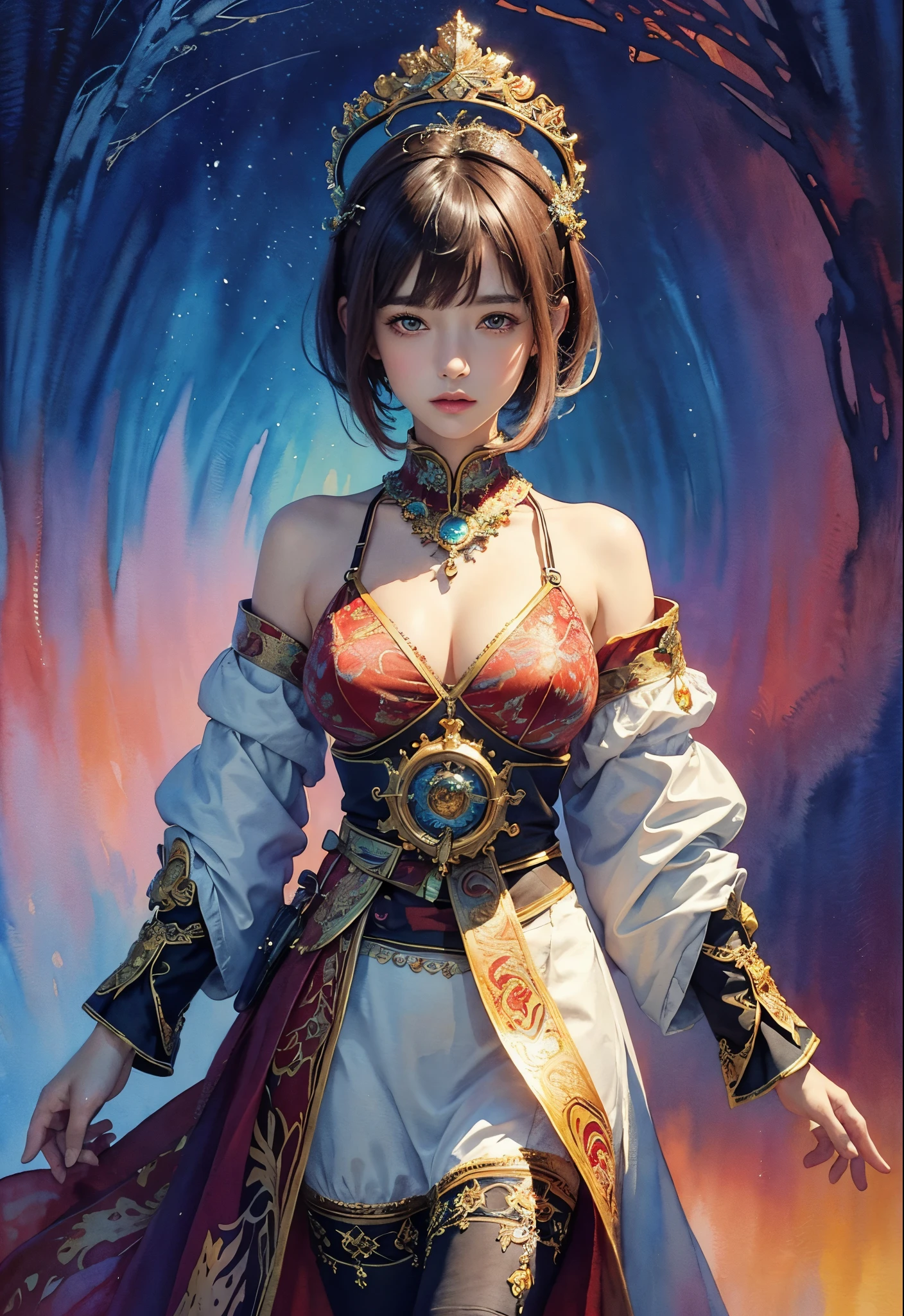 (masterpiece、top-quality、top-quality、Official art、Beautifully Aesthetic:1.2)、(1girl in)、ighly detailed、(Fractal Art:1.3), (watercolor paiting:1.3), colourfull、highestdetailed, ((short hair with bangs)), Colossal tits